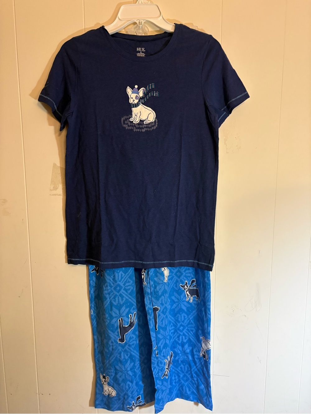 HUE Women's Size Small French Bulldog Blue Fair Isle 2-Piece Pajama Set NWOT